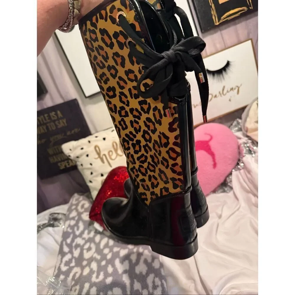 Sz 7.5/38 EUR Coach tristee lace up leopard animal print rain snow boots